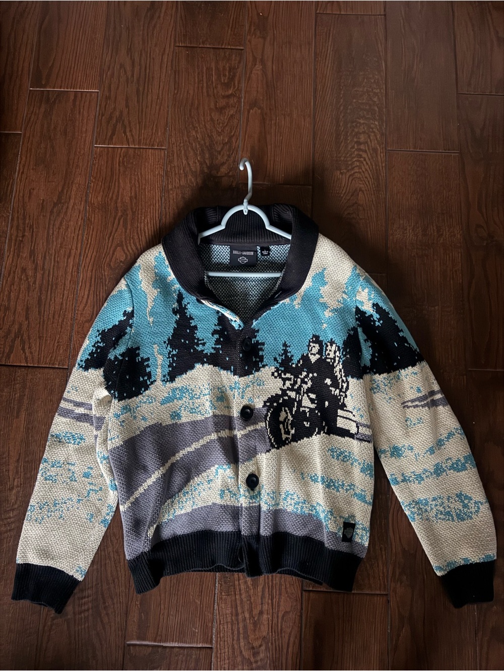 Harley-Davidson Mens Winter Scenic Biker Celebration Cardigan Sweater Blue Large
